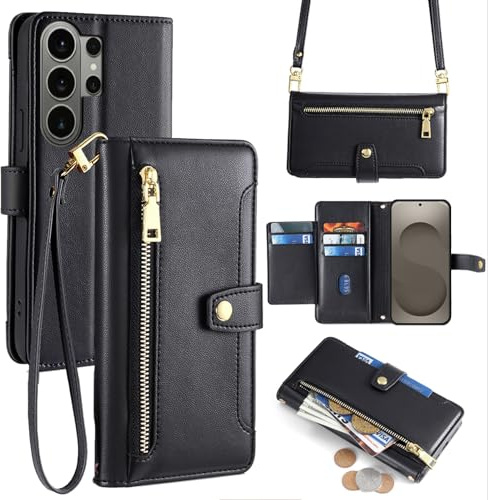 betterfon Handykette kompatibel mit Samsung Galaxy S26 Ultra – Leder Handyhülle mit Kartenfächern zum Umhängen, Schutzhülle mit Band, in Schwarz