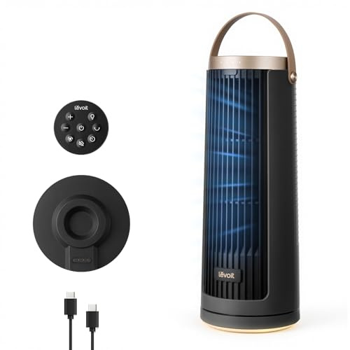Levoit Windi Mini Tower Fan for bedroom, 20 dB Ultra Quiet Desk Fan Grey | 20dB Ultra Quiet,Powerful Airflow, 5-20H Cordless Cooling with Detachable Charging Base, Warm Night Light and Portable Design