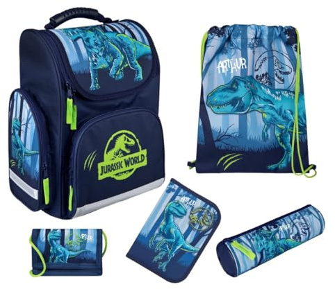 Undercover Schulranzen Set 1. Klasse Dino, Personalisierter Inhalt mit Name, Schultasche Jungen Grundschule, Jurassic World Dinosaurier Dunkelblau