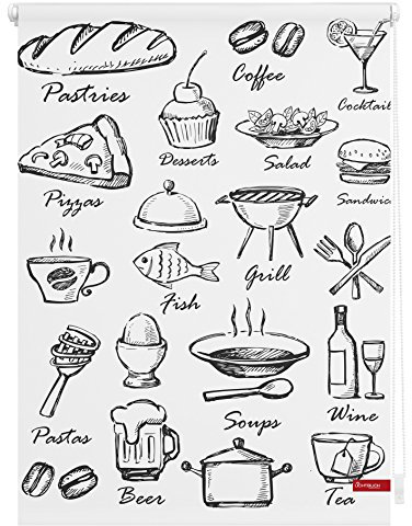 Lichtblick Klemmfix Tageslicht-Rollo mit Motiv, ohne Bohren, Blickdicht, Seitenzugrollo, Made in Germany, Menü - Schwarz Weiß 45 x 150 cm (B x L)