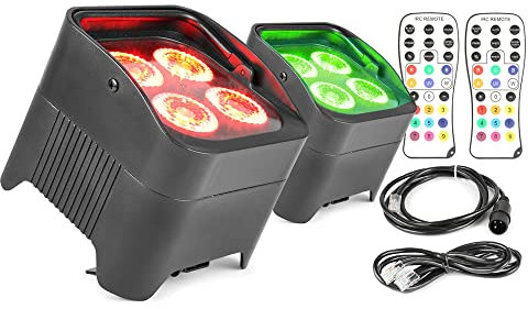 BeamZ BBP94 Wireless Battery Powered Par Uplighters Kit - 2X LED Wall Washer Lights RGBWA-UV with DMX Control, IR Remote & Rechargeable Battery for Event Lighting & Stage Effects