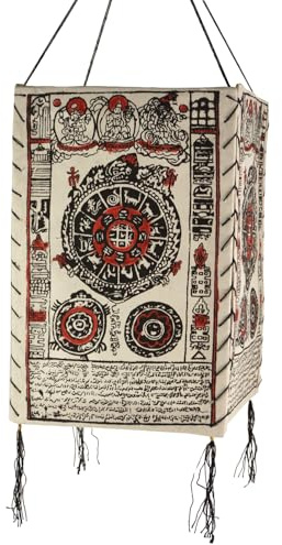 Lokta Papier Hänge Lampenschirm, Deckenleuchte, Mandala weiß/rot | Handgeschöpftes Naturpapier, warmes Licht, unebene Oberfläche, ideal für gemütliche Räume, traditionelles Design.