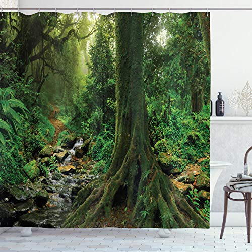 ABAKUHAUS Wald Duschvorhang, Moss auf Bäumen Strom, Stoffliches Gewebe Badezimmerdekorationsset mit Haken, 175 x 240 cm, Grün