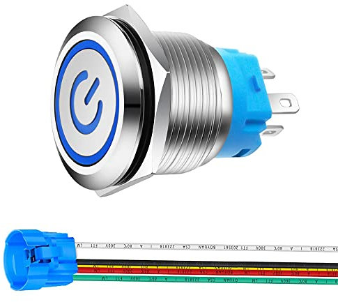 Gebildet 22mm Interruttori a Pulsante ad Aggancio in acciaio inossidabile, 12V-24V 5A Simbolo LED 1NO1NC SPDT ON Off Interruttore a Levetta Impermeabile con Spina a Filo (LED Blu)