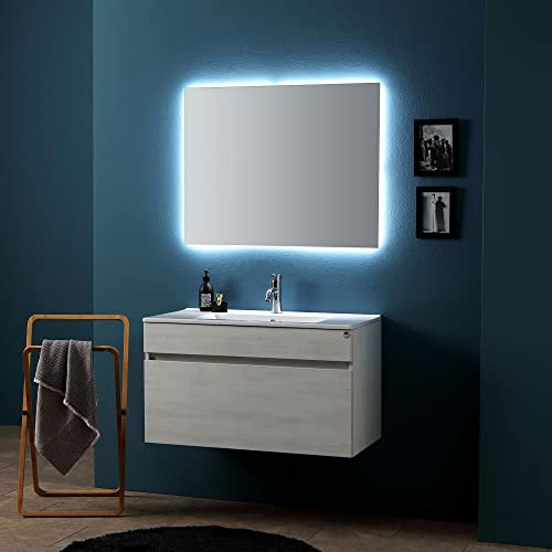 Kiamami Valentina Composizione bagno sospesa cm 90 finitura bianco effetto legno completa di lavabo e specchio retroilluminato | Sole
