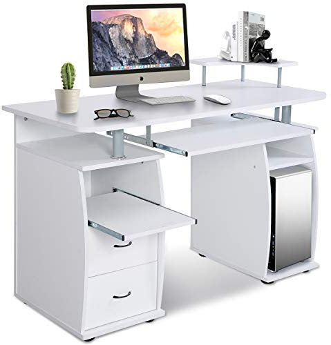 GOPLUS Bureau Informatique, Bureau d'angle avec Tablette Imprimante, Table d'ordinateur avec de Nombreux rangements et Tablette à Clavier Coulissant 120 x 55 x 85CM (Blanc)
