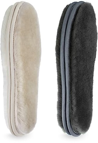 LARGERED 2 Paar Lammfell Einlegesohlen Winter Warme für Damen und Herren,Echte Schaffellsohlen Schuheinlagen Dick Atmungsaktiv Einlagen für Gummistiefel Arbeitsschuhe,Beige und Grau,gr.43