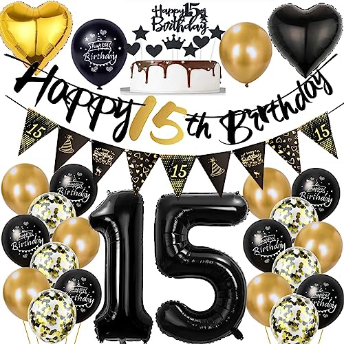 15 Geburtstag Deko Junge Mädchen, Luftballon 15. Gold Schwarz Geburtstagsdeko 15 Jahre, Ballon Schwarz Gold Deko 15. Gold Schwarz 15 Jahr Geburtstagdeko