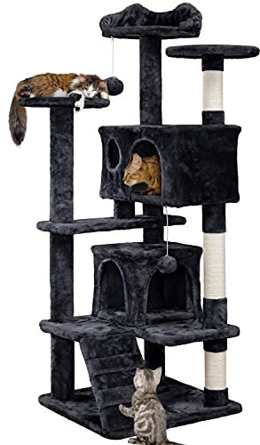 Yaheetech Arbre à Chat avec 2 Niches 3 Plateformes 2 Boules en Sisal Arbre à Grimper Multi-Niveaux Hauteur 137cm Idéal pour 3-4 Chats Noir