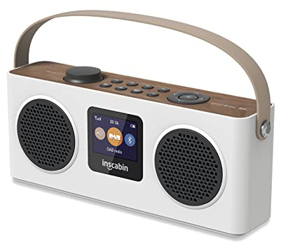 Inscabin M4 Tragbares DAB/DAB+ Radio Digitales UKW Tragbares Radio/Bluetooth/Stereo-Sound/Zwei Lautsprecher/Zwei Wecker/Akku (White)