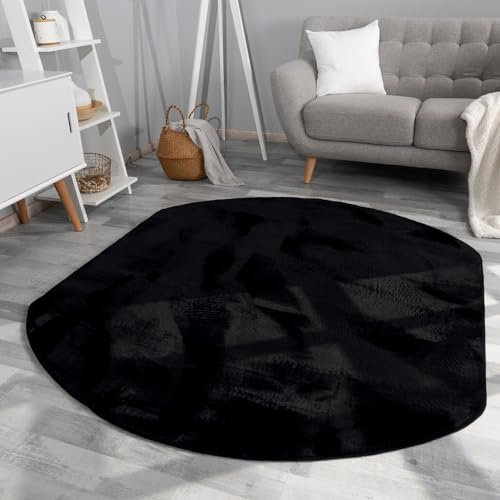 TT Home Wohnzimmer Teppich Hochflor Langflor Kunstfell Weich Modern Unifarben Flauschig, Farbe: Schwarz, Größe:150x170 cm Oval