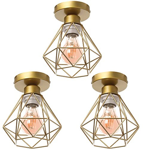 TOKIUS Retro Deckenlampe 16CM Vintage Deckenleuchte im Industrial Design Geometrisch Lampenschirm E27 Lampe aus Eisen Käfig Pendelleuchte Gold (3 Stücke)