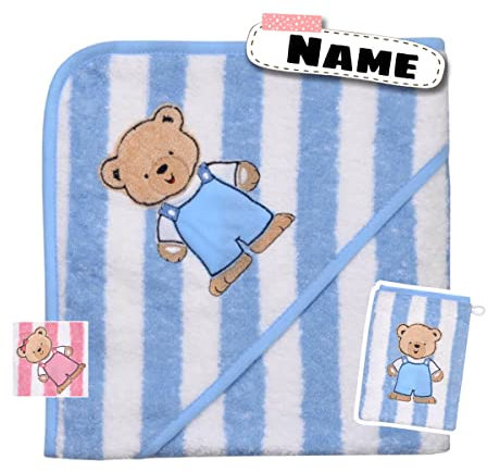 Kapuzenhandtuch personalisiert mit Waschlappen Set | Baby Badetuch 80 x 80 cm Kapuzenbadetuch Baby | Bestickt mit Name | Baby Handtuch mit Kapuze | Erstausstattung | Teddy (hellblaue Streifen)