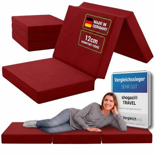 SHOGAZI Klappmatratze 70x190 x 12 cm, Gästematratze klappbar Made in Germany, Faltmatratze VERGLEICHSSIEGER, ultimativer Schlafkomfort, Orthopädischer Kaltschaum - Weinrot