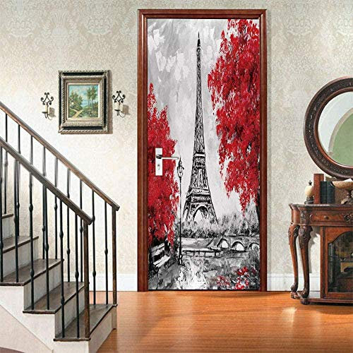 Türtapete Selbstklebend Türposter Eiffelturm Verlässt Rote Bank 95X215Cm 3D Effekt Türaufkleber - Fototapete Türfolie Poster Tapete - Pvc Wasserdichte Wandbild Home Wohnzimmer Dekoration Wandt