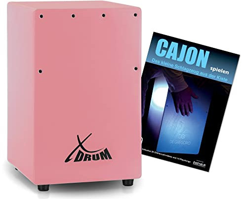 XDrum KC-37PK Kinder-Cajon Set - Kleine Cajon speziell für Kinder - Nur 36 cm hoch - Snare-Effekt durch stimmbare Gitarrensaiten - Spar-Set mit Cajon-Schule für Einsteiger - Pink
