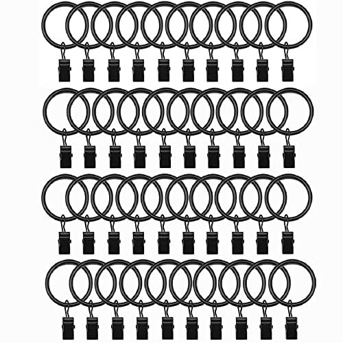 40 Pezzi Anelli per Tende con Clip, Metallo Rappeggio Appendere Anelli Occhielli Ganci Doccia Asta Tenda Anello Clip per Finestra Camera da Letto Salotto Balcone Asta 32mm Nero