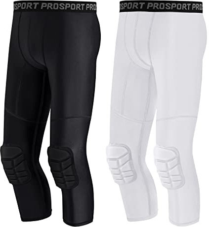 Blaward 2er-Pack Herren Basketballhose mit Knieschonern, 3/4 Capri, gepolsterte Kompressionsstrumpfhose, Leggings, Sport, athletische Baselayer, schwarz und weiß, XXL