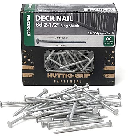 Huttig-Grip Fence Deck Nails 2-1/2 inches 8d for Wood Fencing HGN8OGRSDK1 Ring Shank Outdoor Galvanized Finish, 1 lb Pack of 106 Nails