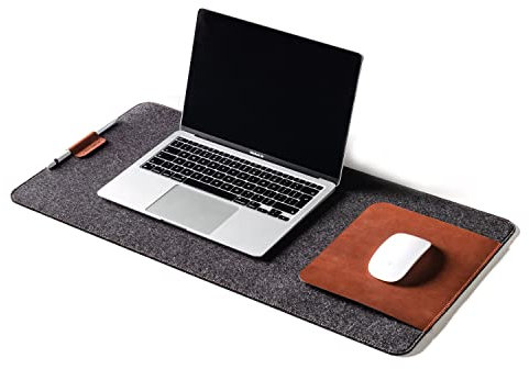Crazy Horse Craft 100% Wool Felt Desk Mat with Mouse Pad, Italian Vegetable-Tanned Leather, Protective Table Blotter, Office Workspace Large Mousepad