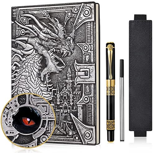 DND Dragon Notizbuch 3D geprägtes Ledertagebuch A5 Antigue Reisetagebuch mit Pen&Pen Sleeve,D&D Daily Diary Lined Writing Notebook(Silber)