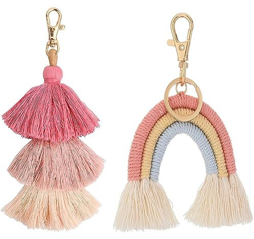 BOBOZHONG Porte-clés Arc-en-Ciel,2 pièces Porte-clés Pompon Arc-en-Ciel,Porte-clés de Voiture avec Pampilles,Porte Clef Voiture,Corde de Coton tissé à la Main pour Femmes et Filles