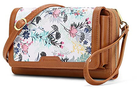 Peacocktion Damen Umhängetasche, Kleine Crossbody Taschen Schultertasche, Handgelenkstaschen Geldbörse mit Crossbody und Handgelenk 2 Riemen, Handytasche zum Umhängen mit Kartenhalter, 02-Braun Floral