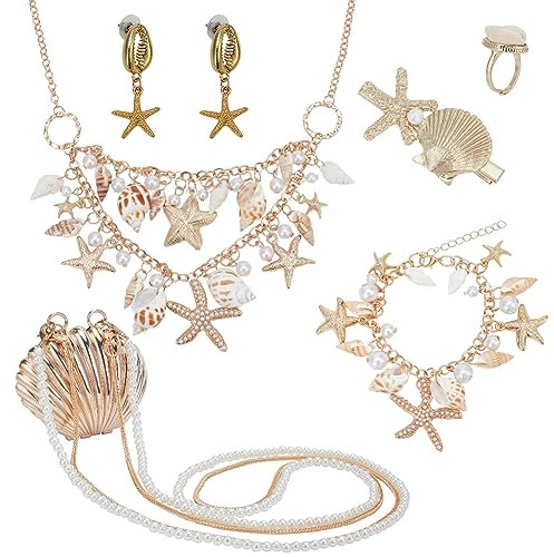 PH PandaHall Muschel Seestern Schmuck Meerjungfrau Schmuck Kostümzubehör Sommer Meer Strand Muschel Perlenkragen Lätzchen Statement Halskette Armbänder Ohrringe Ring Haarspange Umhängetaschen