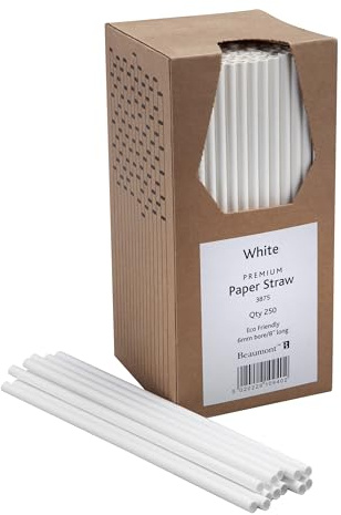 Beaumont 6mm Bore Paper Straw White (250 Pack) - Compostable Drinking Straw 198mm Length, Ideal for Smoothies, Milkshake, Cocktails