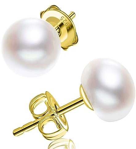 Damen Perlen Ohrringe 925 Sterling Silber Vergoldete 11mm Button Weiß Süßwasser Perlen Ohrstecker