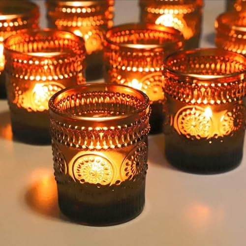 Vohocandle 12pcs Brown Tea Light Candle Holders Sunflower Embossed, Boho Tealight Holders for Party Decorations, Room Decor, Vintage Tealight Holders Glass for Wedding(5.5cm*6.5cm, W/H)