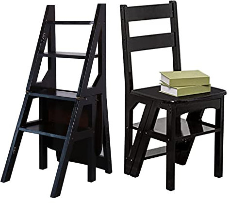 AAMNA Leiter-Stuhl-Kombination, zusammenklappbar, 4 Stufen, aus Holz, Multifunktions-Bibliotheksstufen, Bücherregal, Ausstellungsregale, Blumenregal, tragbare Treppen, Trittleiter (Farbe: Schwarz)