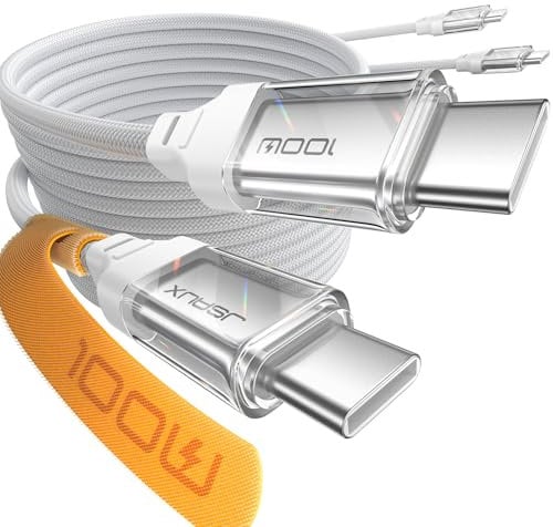 JSAUX 100W USB C to USB C Cable (2-Pack, 2 m), USBC Type-C Charge Lead 5A Fast Charging Compatible with iPhone 16e 16 15 Plus Pro Max Samsung Galaxy S25 S24 MacBook iPad Carplay - Crystal White