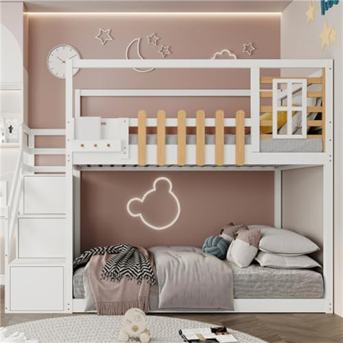 hrijusdif Kinder-Etagenbett mit Treppe und Fallschutz, mit Holzlattenrost, DREI Schließfächer im Obergeschoss mit Fallschutzgitter