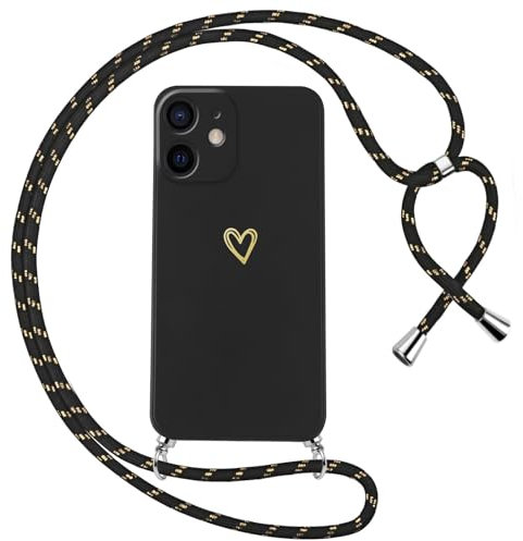 Oelrstfe Handyband für iPhone 12 Hülle mit Band Herz Motiv Handyhülle für zum Umhängen Silikon Stoßfest Ultra Dünn Weich Schutzhülle mit Kordel Necklace Kette Gold Love Muster Case Cover,Schwarz