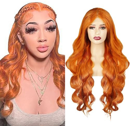 Hxxcoup Human Hair Wig 4x4 Lace Frontal Wig Echthaar Perücke Ginger Orange #350 Body Wave Wig Perücke Echthaar Perücke Damen Brazilian Virgin Hair Wig Body Wave No Tangle for Woman 12 Zoll