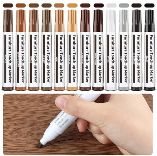 Penriter 12 pièces Marqueurs de Réparation pour Meubles en Bois, Stylo Retouche Meuble, Kit Réparation de Meubles Stylo Retouche Peinture pour taches, rayures, sols, tables, bureaux