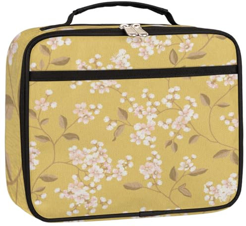 GeMeFv Lonchera térmica con diseño de hojas de flores vintage, bolsa de almuerzo amarilla, lonchera térmica para viajes, picnic y trabajo