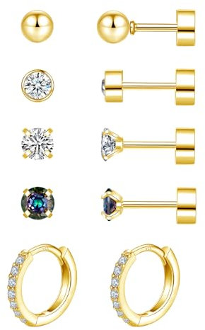 Silver Stud Hoop Earrings Set for Women Men Girls, Hypoallergenic Small Ball Cubic Zirconia Titanium Surgical Stainless Steel Gold Stud Earrings, Helix Tragus Cartilage Sleeper Screw Flat Back Earring