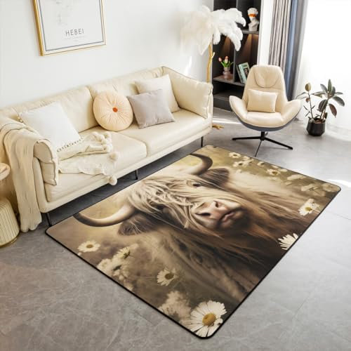 Hochland Kuh Bereich Teppich 100Bx150L 3D Kuh Druck Teppich Weiße Gänseblümchen Blumen Indoor Bodenmatte Western Wild Tier Floral Thema Dekorative Teppich für Kinder Jungen Mädchen Teens Erwachsene