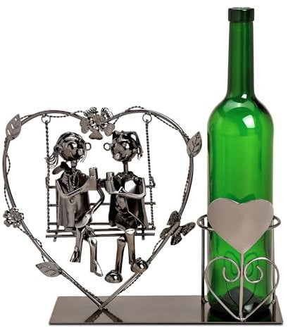 Spetebo Porte-bouteille de vin anthracite 32 x 23 cm – Couple d'amoureux sur balançoire en forme de cœur – Porte-bouteilles décoratif avec figurines en métal – Sculpture de couple Support argenté pour
