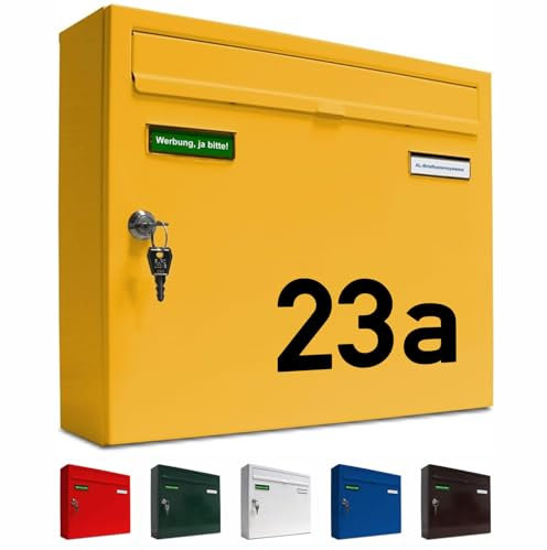 AL Briefkastensysteme Briefkasten mit Hausnummer gelb RAL 1003 - Basic 1er Briefkasten mit Namen und Hausnummer wetterfest Din A4 - Postkasten mit Hausnummernschild personalisiert