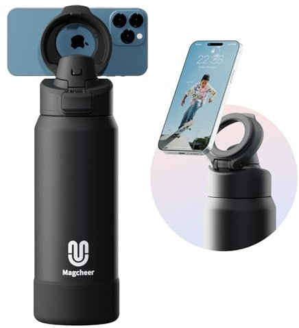Magcheer 32oz/1L Magnetic Water Bottle with Phone Holder Compatible with MagSafe Insulated Gym Cold Drink Bottle for 24 Hours Tripod Bottle for Travel & Fitness Selfie(Black)