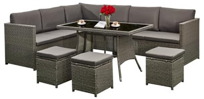 AFURNI 9 seat Rattan Furniture 7 Pieces Outdoor Patio Furniture Set Outdoor Sectional Sofa Conversation Set All Weather Rattan Dining Table & Chair with Ottoman, Grey