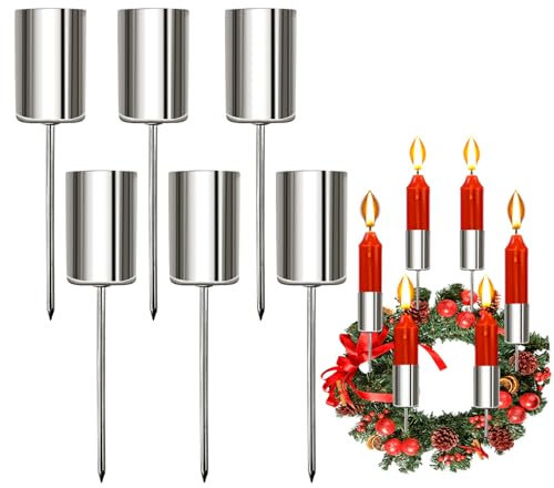 Aitsite 6 Stück Stabkerzenhalter Silber, 2.5 x 11cm Adventskranz Kerzenhalter mit Kappe und Pinzette für Stabkerzen Weihnachtsdekorationen Adventskränze und Tischdekorationen