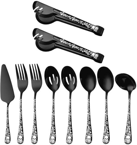 MagiDeal Ensemble de Couverts d'halloween Cuillères et fourchettes Pinces à Motif de crâne Couverts squelettes Robustes Couverts au Design Gothique Vaisselle, 10 pièces