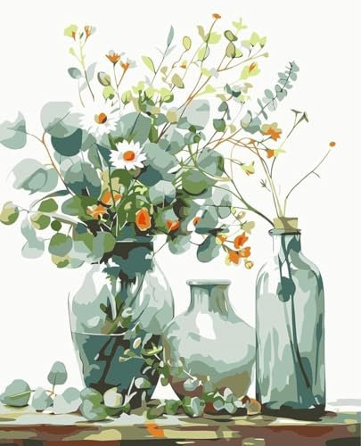 SULISO Malen Nach Zahlen Erwachsene Blume DIY Handgemalt Ölgemälde Kits für Kinder Anfänge Geschenke Kits für Mädchen Frau Geschenk Haus Deko 40x50CM,Grüner Blumenstrauß