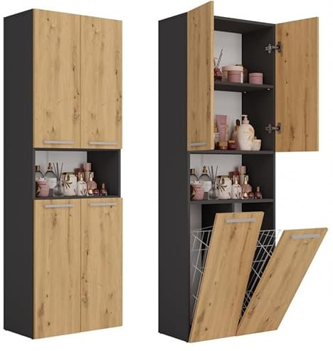 BDW Armario de Baño, Cesta para la Colada, 2 Puertas, 174 x 60 x 30 cm, Armario Bajo el Lavabo, Mueble Alto, Estantería (Antracita/Roble Artisan)