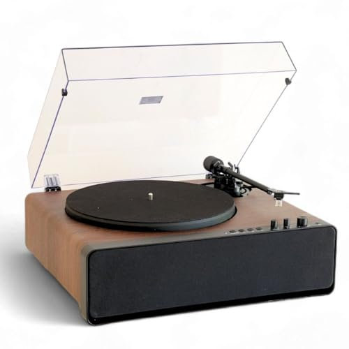 Steepletone Richmond Record Player, Bluetooth, 30W Built in Speakers, with Aluminum platter, Belt Drive 2-Speed, Adjustable Counterweight, AT-3600L, Tone & Bass Controls (Walnut Wood)