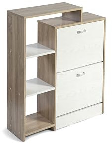 DUPI Zapatera Abatible Orlando Blanco 92 cm | Mueble Zapatero Estrecho y Moderno | 2 Puertas Oscilantes | 4 Baldas para 20 Zapatos | 2 Cajones | Diseño Minimalista y Compacto | Taupe-Blanco